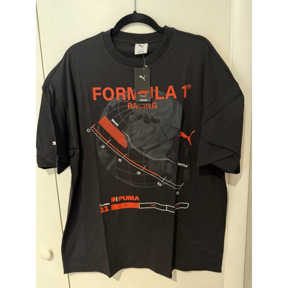 NWT Puma Formula 1 Racing Graphic Mens Tee Shirt Large Black‎ Relaxed Fit Tee